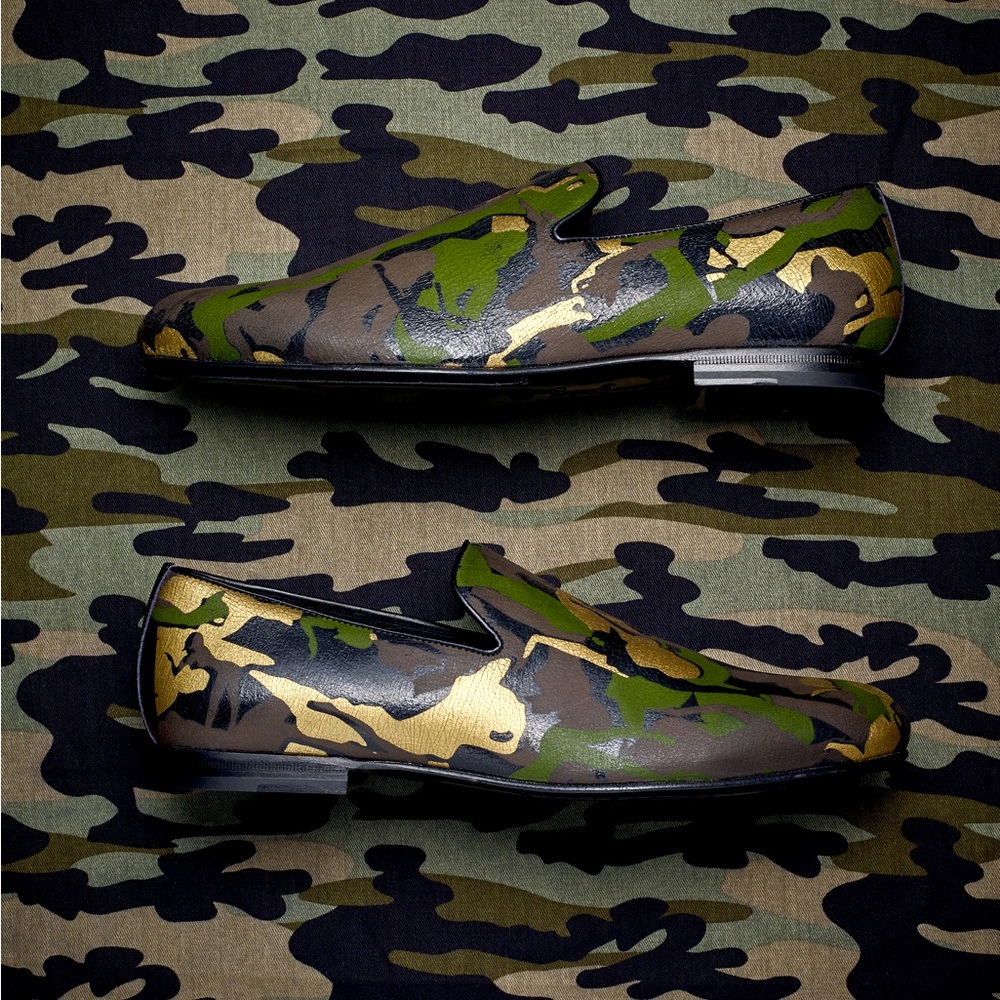 Jimmy Choo Sloane Olive Green Mix Metallic Camouflage Leather Slip-on Dress Shoe